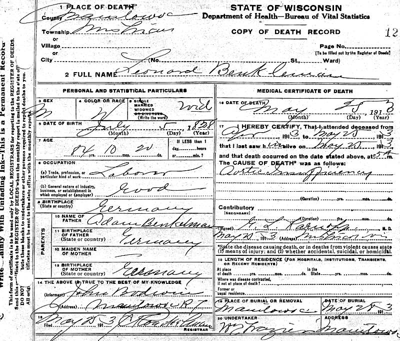 Documents Benkelman, Leonhard, Wisconsin Death Certificate Strong